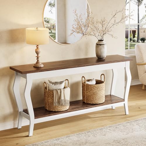 70.9 Inches Long Console Table, 2-Tier Vintage Wooden Sofa Table Behind The Couch with Metal Legs for Hallway, Entryway, Living Room, Brown & White