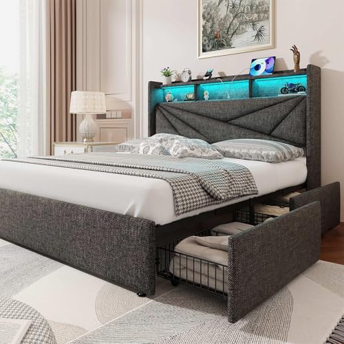 Queen Bed Frame with 4 Storage Drawers,and Led Headboard, view 2