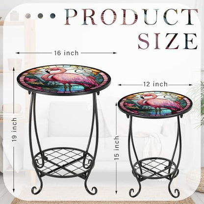 Cinnvoice 2 Pcs Outdoor Side Table Small Patio Round Mosaic Accent End Table Indoor Plant Metal Coffee Tea Tables for Patio Yard Porch Garden Living Room(12" and 16",Flamingo Style)