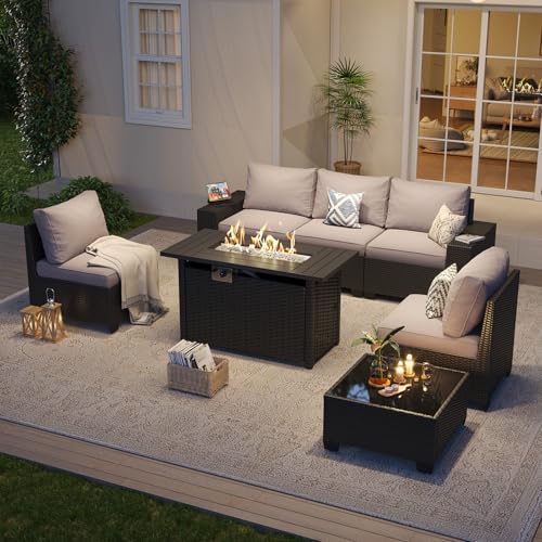 Outdoor Patio Furniture Set with 44'' Fire Pit Table, 7 Pcs Outdoor Sectional with 4in Thicken Cushion, Widen Armrests Wicker for Backyard, Grey