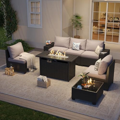 Outdoor Patio Furniture Set with 44'' Fire Pit Table, 7 Pcs Outdoor Sectional with 4in Thicken Cushion, Widen Armrests Wicker for Backyard, Grey