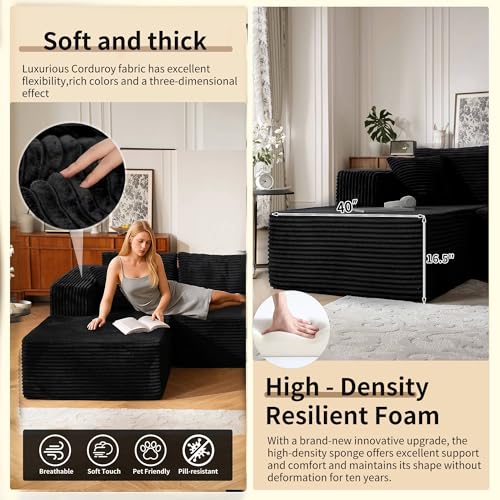 140” Oversized No Assembly Compression Boneless Cloud Sectional Couches for Living Room, L-Shape Comfy Fluffy Sleeper Sofa Bed, Modular Corduroy Reclining Memory Foam Furniture for Bedroom Home Black