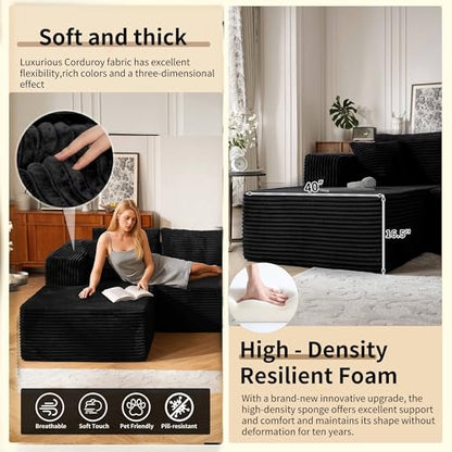140” Oversized No Assembly Compression Boneless Cloud Sectional Couches for Living Room, L-Shape Comfy Fluffy Sleeper Sofa Bed, Modular Corduroy Reclining Memory Foam Furniture for Bedroom Home Black