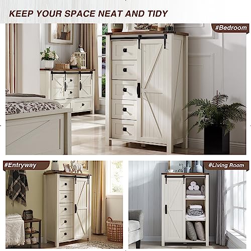 5 Drawers Dresser for Bedroom w/Sliding Barn Door, Farmhouse Modern Tall Dresser 5 Chest of Drawers, Storage Organizer for Bedroom, Hallway, Living Room, Kids Room, Antique White
