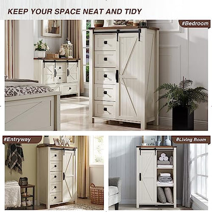 5 Drawers Dresser for Bedroom w/Sliding Barn Door, Farmhouse Modern Tall Dresser 5 Chest of Drawers, Storage Organizer for Bedroom, Hallway, Living Room, Kids Room, Antique White