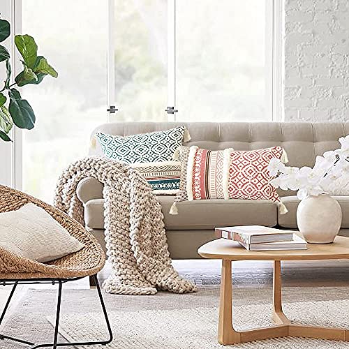 Lumber Boho Throw Pillow Cover for Couch Sofa - Cotton Hand-Woven Tufted Moroccan Decorative Pillows Cover with Tassels for Farmhouse Living Room Bedroom Car Hotel - Blue 12 x 20 Inches