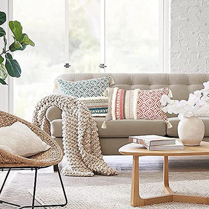 Lumber Boho Throw Pillow Cover for Couch Sofa - Cotton Hand-Woven Tufted Moroccan Decorative Pillows Cover with Tassels for Farmhouse Living Room Bedroom Car Hotel - Blue 12 x 20 Inches
