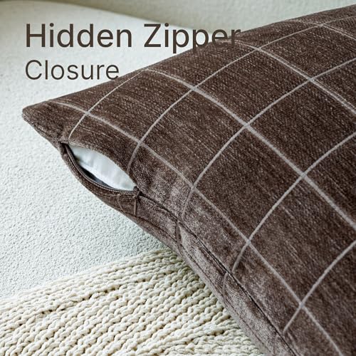 Decorative Chenille Plaid Fall Throw Pillow Covers Brown 12x20 Set of 2