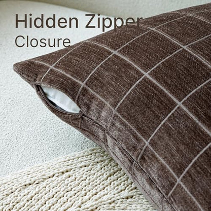 Decorative Chenille Plaid Fall Throw Pillow Covers Brown 12x20 Set of 2