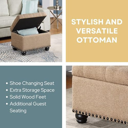 Designs4Comfort 5th Avenue Storage Ottoman 24" - Contemporary Foot Stool and Seat with Hinged Lid for Living Room, Dining Room, Office, Den, Tan Fabric
