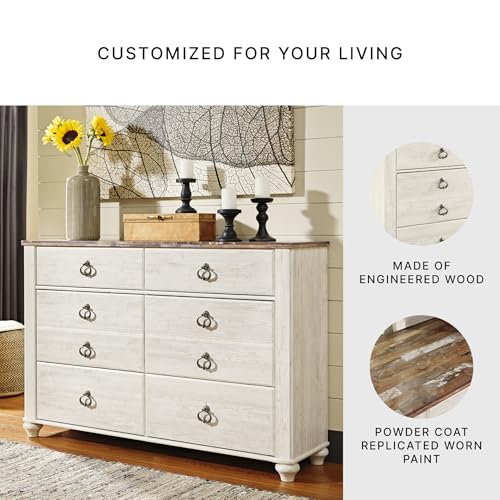 Signature Design by Ashley Willowton Dresser, 6 Drawer Whitewash Bedroom Dresser, Coastal Cottage Style Chest of Drawers, Engineered Wood, Antique Brass Ring-Pulls, 61" W