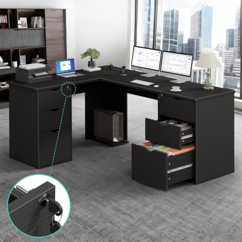 66" L Shaped Desk with 6 Lockable Drawers, Black Corner Computer Desk, view 2