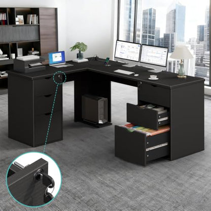 66" L Shaped Desk with 6 Lockable Drawers, Black Corner Computer Desk, view 2