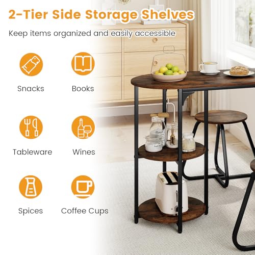 3-Piece Dining Table Set, Wooden Industrial Kitchen Table and 2 Stools with 2-Tier Storage Shelves and Metal Frame, Space Saving Dinette Set for Living Room, Breakfast Nook, Rustic Brown