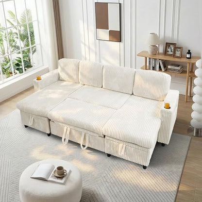 Modular Sectional Sleeper Sofa with Pull Out Bed, Plush Corduroy U Shaped Couch with Storage Chaise, USB Ports, Cup Holders, Comfy Sectional Couches for Living Room, Beige