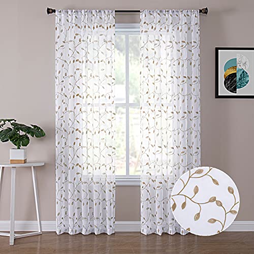 Tollpiz Leaves Sheer Curtain Taupe Leaf Embroidery Bedroom Curtains Rod Pocket Voile Faux Linen Embroidered Leaves Curtain for Living Room, 54 x 84 inches Long, Set of 2 Panels