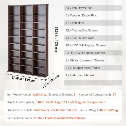 Media Storage Cabinet, 9-Layer DVD Shelf, Adjustable CD Shelves 27 Compartments, view 5