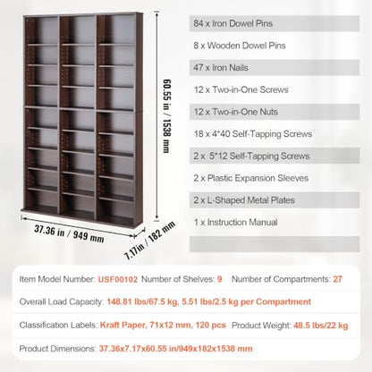 Media Storage Cabinet, 9-Layer DVD Shelf, Adjustable CD Shelves 27 Compartments, view 5