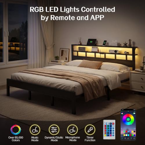 King Size Bed Frame with Charging Station and LED, view 6