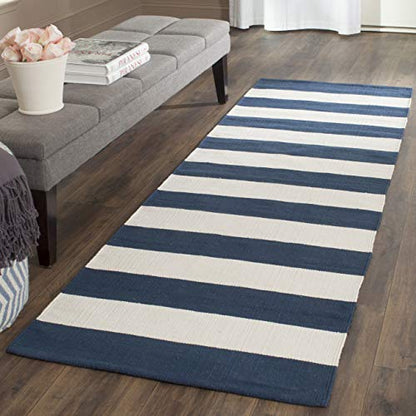 SAFAVIEH Montauk Collection Runner Rug - 2'3" x 11'7", Navy & Ivory, Handmade Flatweave Cotton, Woven Texture, Farmhouse Stripe Pattern, Ideal for Living Room, Bedroom, Dining Space (MTK712H)