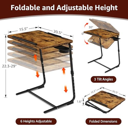 Folding TV Tray Adjustable Dinner - Trays for Eating On Couch Wooden Tables Mate Stand Foldable Desk with Cup Holder Portable