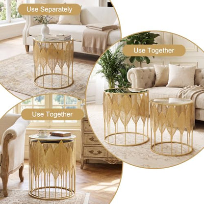 Gold Nesting Tables Set of 2, Glam Leaf Design Round End Table with Stainless Steel Top for Living Room & Bedroom, No Assembly Required