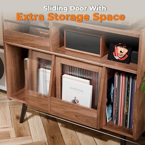 Large Record Player Stand,Turntable Stand Shelf w/Power Outlet & LED Light, view 5