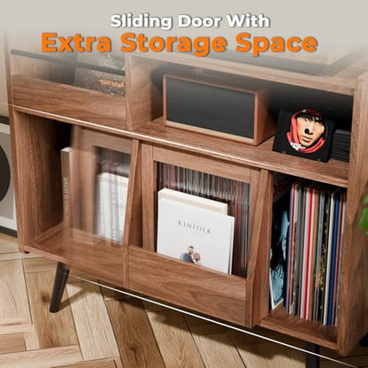 Large Record Player Stand,Turntable Stand Shelf w/Power Outlet & LED Light, view 5