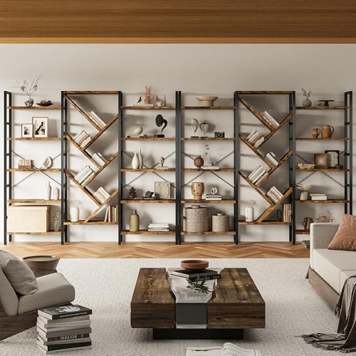 70x70 Triple 5 Tier Book Shelf, Large Wooden Bookcase with 17 Open Display Shelf, Modern Tree Bookshelf Metal Frame Tall Book Case Furniture for Living Room Bedroom Home Office Rustic Brown