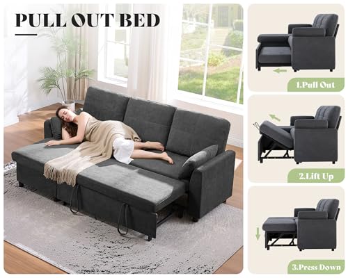 AMEILIFE Sofa Bed, Sleeper Sofa with Storage Chaise, Convertible Sofa Bed with Pull Out Couch, l Shaped Couch for Living Room-Gray Linen