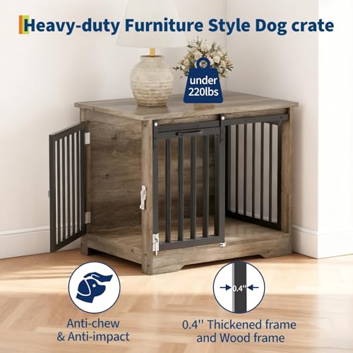 Dog Crate Furniture with Barn Door, Heavy Duty Kennel End Table, Gray Black, view 4