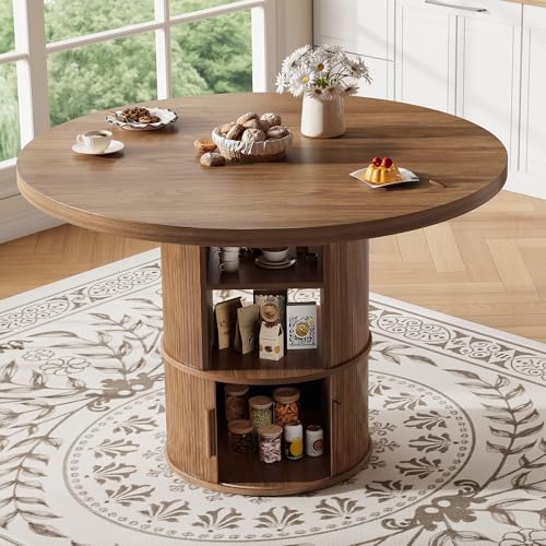 43" Round Dining Table with Storage Shelf, Farmhouse Modern Kitchen Table for 4-6, Circular Wood Dining Room Table for Small Spaces, Space Saving Pedestal Table for Apartment & Breakfast Nook, Walnut