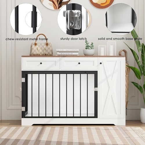 Wooden Dog Crate Furniture, Indoor Pet House with Double Doors & 2 Drawers, view 6