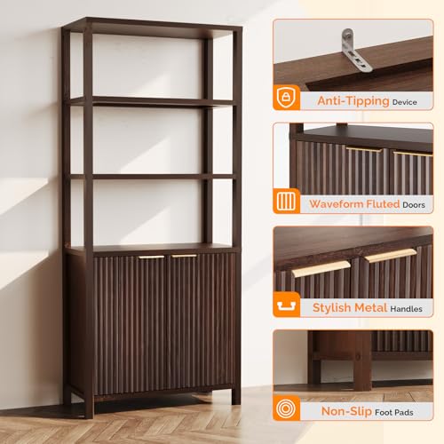 Bookcase with Fluted Doors, 71" Wood Storage Cabinet with Adjustable Shelves, view 7