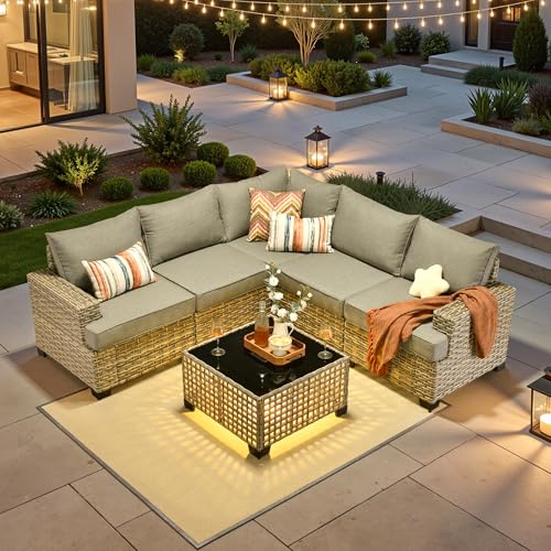 6 Piece Patio Sectional Furniture, Rattan Wicker Coversation Couch Set, Outdoor Sofa Set for Outside Porch Balcony Backyard Pool,Dark Grey