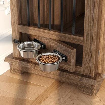 Dog Crate, Sturdy Wooden Pet Kennel with 2 Storage Drawers and Rotating Bowls, view 6