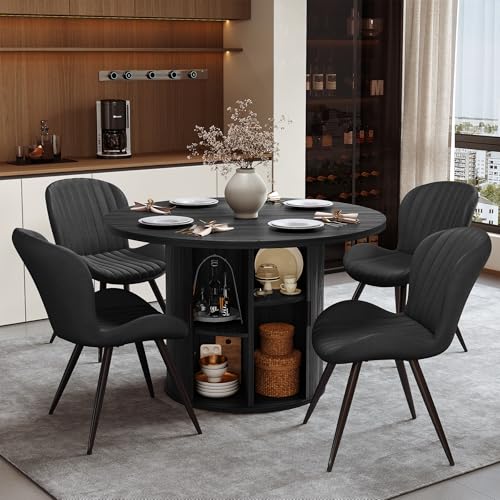 Miereirl Modern 5-Piece Dining Set for 4，47.24" Round Wooden Table with Semi-Open Storage Rack & Siding Door, Paired wth High-End Fabric Chairs -Warm Home Dining Room Combination