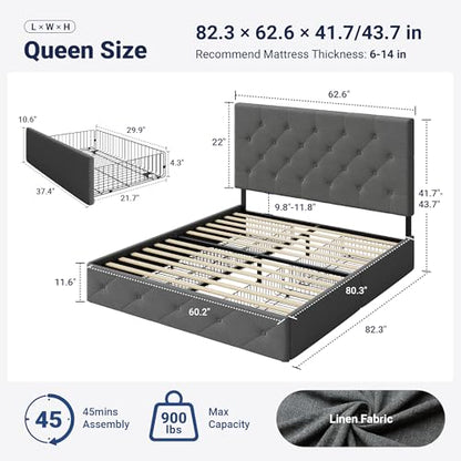 Queen Size Storage Bed Frame with 4 Underbed Drawers, Light Grey, view 3