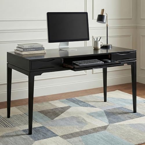 Harper Desk - 60 Inch Wide Solid Wood Writing Desk in Black, Mid-Century Modern Home Office Computer Table for Workspace or Study with 2 Drawers and Flip-Down Keyboard Tray