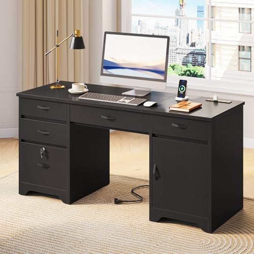 59” Office Desk with Lockable Drawers & Charging Station, Black, view 2