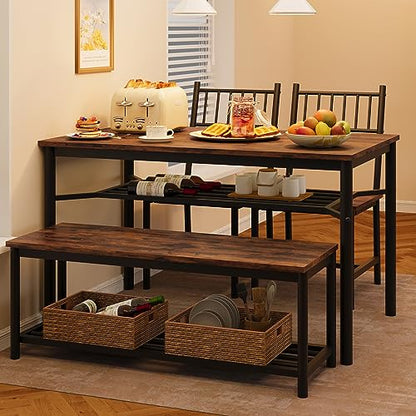 GAOMON Dining Table Set for 4, Kitchen Table and Chairs for 4 with Wine Rack, Dining Room Table Set with Bench, Rectangular Kitchen Table Set for Small Space, Apartment, Studio, Retro Brown