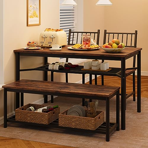 GAOMON Dining Table Set for 4, Kitchen Table and Chairs for 4 with Wine Rack, Dining Room Table Set with Bench, Rectangular Kitchen Table Set for Small Space, Apartment, Studio, Retro Brown