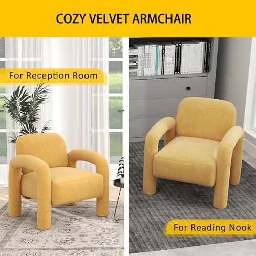 Modern Accent Chair, Comfy Velvet Upholstered Armchair, Cozy Vanity Chair Single Sofa, Tufted Barrel Chair Reading Chair for Living Room, Bedrooms, Corner（Mustard）