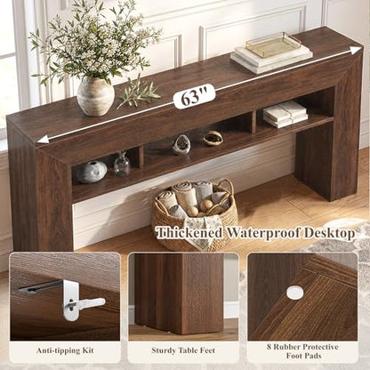 63 Inches Long Console Table for Entryway Sofa Table with Extra Storage Shelves Farmhouse Wood Behind Couch for Hallway, Entrance, Living Room, Foyer, Dark Brown