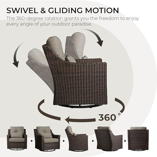 CHITA 5 Pieces Swivel Wicker Patio Furniture Set, Outdoor Conversation Set | 2 Rocking Swivel Chairs, 2 Ottomans, 1 Side Table, All-weather Resin Wicker, E-coated Steel, 5.1-in Cushion, Olefin Covers