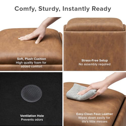 Levi Storage Ottoman with Reversible Tray, Modern Square Chest Coffee Table, Upholstered Cube Sitting Foot Stools Ottoman for Living Room, Bedroom, Entryway (Faux Leather, Pecan Brown)