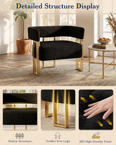 Mid Century Modern Accent Chair Set of 2, Barrel, Black Boucle, Gold Leg