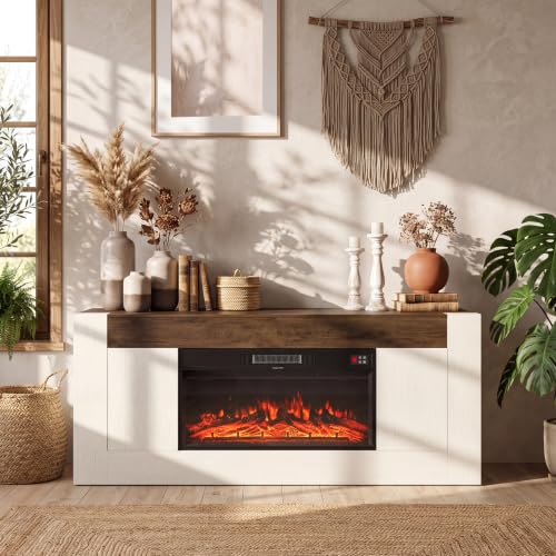 Modern 70 inch TV Stand with Electric Fireplace and Storage, White, view 4
