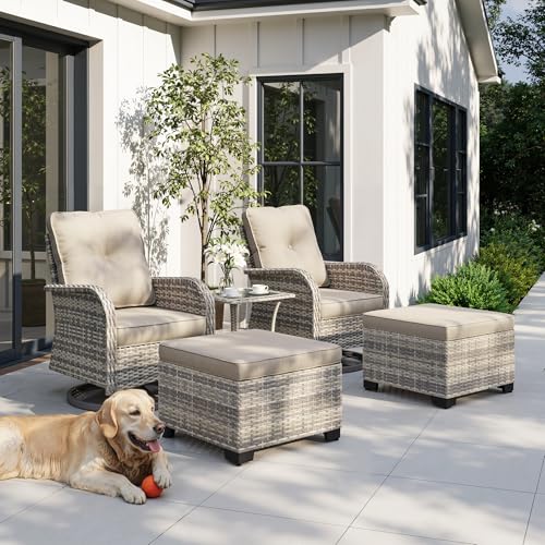5-Piece Small Patio Furniture Set, Outdoor Swivel Rocking Chairs Set with Ottomans, Patio Bistro Set for Balcony, Deck, Porch, Khaki