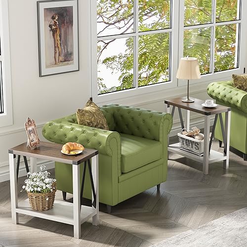 Farmhouse End Table Set of 2, Narrow Side End Table with Storage Shelf, Rustic A-Design Nightstand Sofa Table for Living Room, Bedroom(White&Brown)